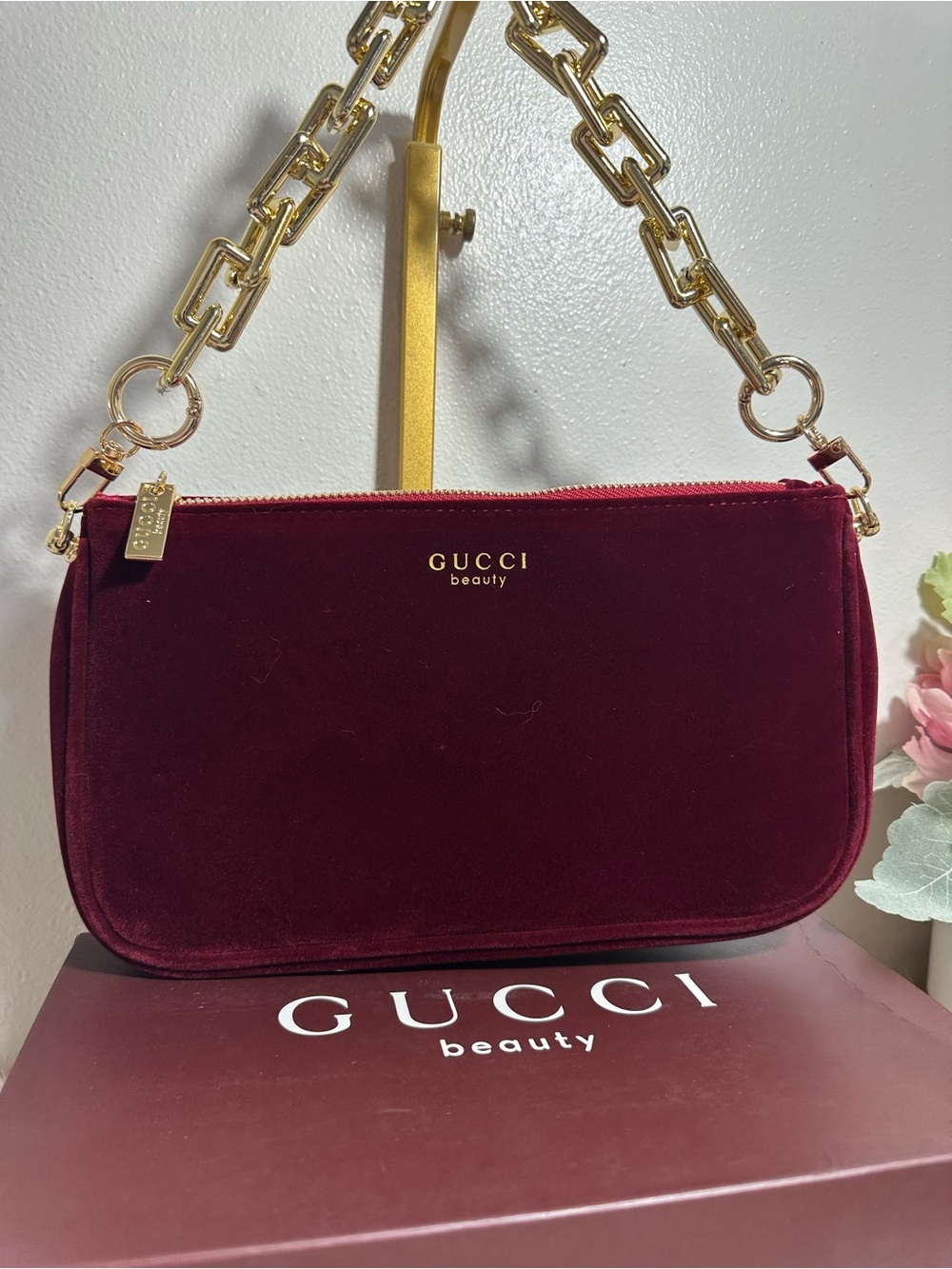 Gucci Beauty Velvet Hand Bag in Burgundy with Gold Chain